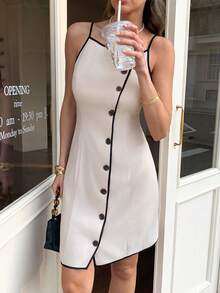 Elyressa Button Decor Contrast Color Sleeveless Fitted A-Line Casual Dress For Women - Apricot - View 8