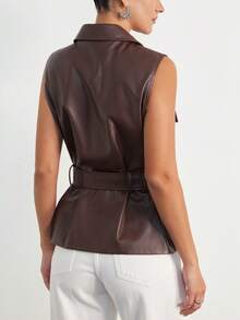 Aveloria Modichic Chaqueta de chaleco de cuero con diseño de moda, corte ajustado a la cintura, sin mangas y de solapa casual - Burdeos - Ver 6