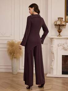 Modelyn Women's Daily Commute Oblique Collar Asymmetric Design Top And High Waist Wide Leg Pants 2 Pieces Set - Brown - View 2