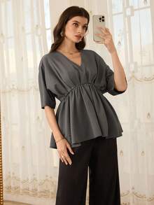 Modelyn Women's Solid Color Casual Stylish Multi-Layer Ruched Batwing Sleeve Deep V Loose Blouse - Grey - View 7