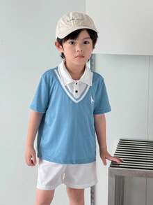 SHEIN 2 Pieces Set Of Young Boys Boys' Casual Sportswear Includes A Cute Little Dinosaur-Patterned 2 In 1 Polo Shirt And Shorts Set, Suitable For Kids' Outfits, Young Boy Clothes, Back To School Boys Set, Suitable For Birthday Parties, Evening Events, Performances, Weddings, Baptisms, And School Commencements. It Is Suitable For Daily Wear, School, Travel, Sports, And Spring And Summer Seasons. - Dusty Blue - View 6
