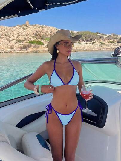 Bonvoyette Conjunto de bikini sexy de halter con bloques de color para vacaciones de verano para mujer