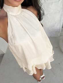 Aloruh 女士优雅浅黄色吊带系带迷你连衣裙 - 杏色 - 查看 5