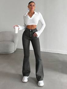 EURMUSE 98%Cotton Washed Casual Flare Jeans With Slanted Pockets - Dark Grey - View 5