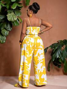 Slaydiva Spring/Summer New Music Festival, Easter, St. Patrick's Day, Western, Nomadic, Birthday Party, Casual, Vacation, Cruise Travel, Airport Floral Print Holiday Camisole Top And Wide Leg Pants Plus Size Women 2-Piece Set - Yellow - Yellow - View 3