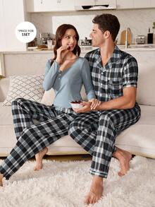 Manfinity Conjunto de pijama de manga corta con cuello estampado a cuadros para hombre - Multicolor - Ver 7