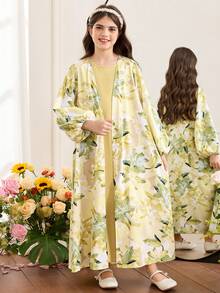 SHEIN 2pcs/Set Girls Printed Long Sleeve Dress - Yellow - View 3