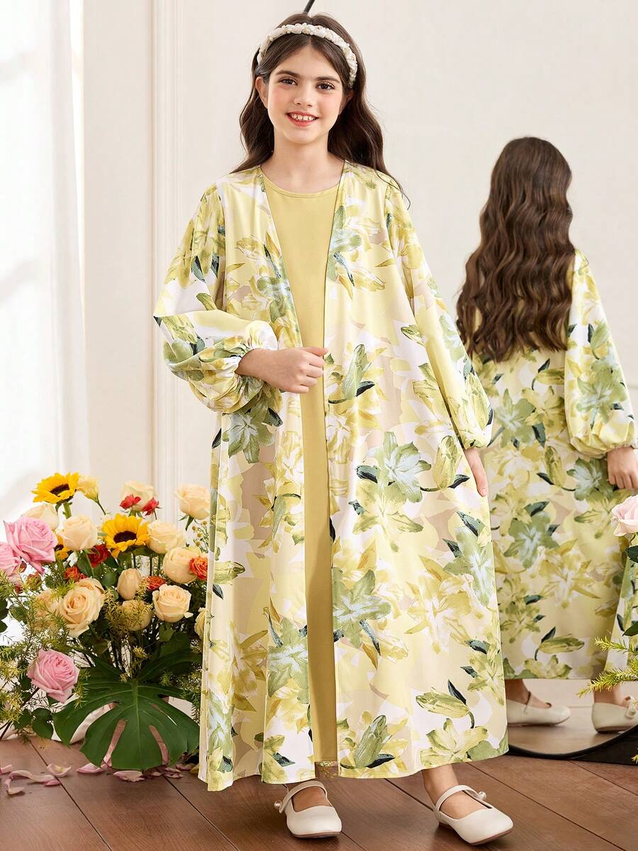 2件套女童印花长袖连衣裙 - 黃色 - 查看 1