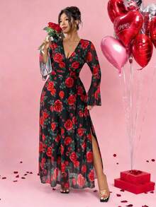 Elenzga Đầm Valentine cỡ lớn dành cho nữ, thanh lịch, cổ chữ V, hai lớp, tay bồng, xẻ cao, họa tiết hoa hồng, thích hợp cho buổi hẹn hò lãng mạn ngày Valentine. - Nhiều màu - Xem 10