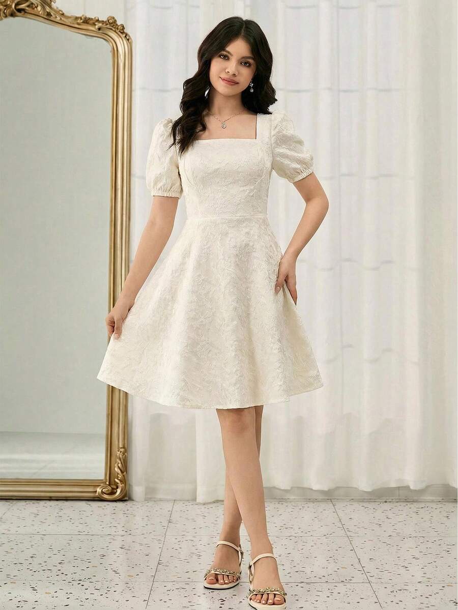 Váy thời trang & thanh lịch cho bé gái tuổi teen, vải jacquard mềm mại & thoải mái, thiết kế lưng nhún, tay bồng, chân váy xếp ly cạp cao, thích hợp mặc hàng ngày và nhiều dịp khác nhau - Màu Đỏ Sâu - Xem 1