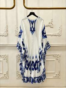 GlowEve Elegant tryckt plisserad lös fladdermusärm klänning för kvinnor - Babyblå - Visa 1