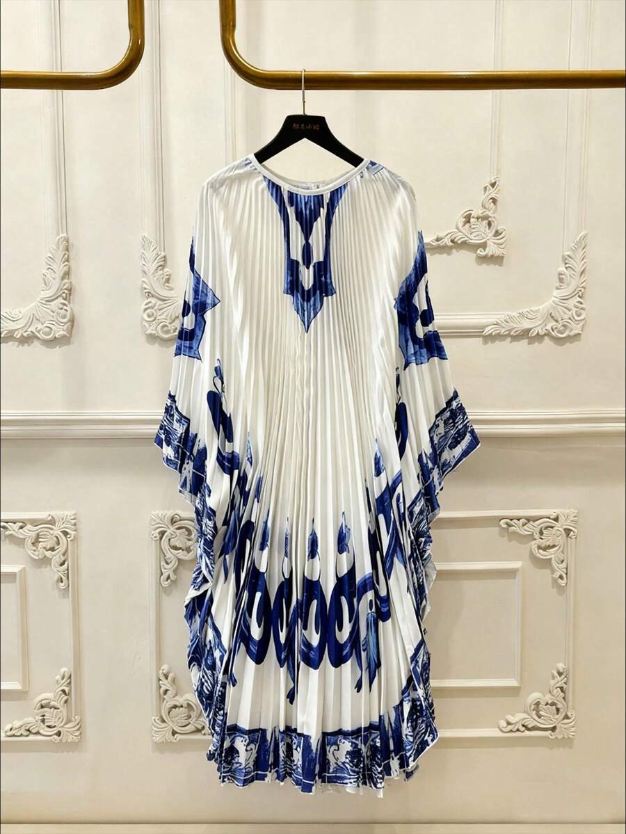 GlowEve Elegant tryckt plisserad lös fladdermusärm klänning för kvinnor - Babyblå - Visa 1