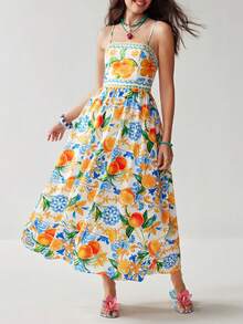 Soleia Beach Outfit For Women  Summer Outfits Vacation Outfits Women  Floral Dress For Women Beach Outfits For Women Vacation Dress  Women's Fruit Print Sleeveless Midi Dress, Vacation Style - Multicolor - View 4