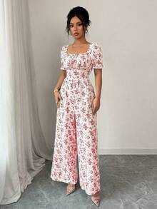 Rafferiza 女士优雅度假束腰印花连体裤 - 紅色 - 查看 5