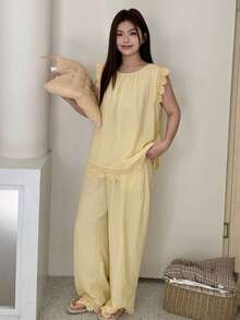 Dazy Plus 2pcs Cute Homewear Set, Solid Color Loose Sleeveless Top And Long Pants, Spring/Summer Pajamas - Yellow - View 7