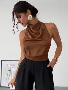 Firerie 春夏新款优雅休闲通勤复古现代不对称领无袖挂脖露背蝴蝶结装饰修身黑色通勤衬衫 - 咖啡棕 - 查看 8