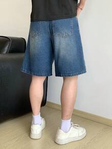 SHEIN 青少年男孩時尚返校街頭風混搭百搭設計 Y2k 復古酷感深藍色寬鬆舒適牛仔短褲 日常穿搭 春夏電音節慶街頭風 - 藍色 - 查看 3