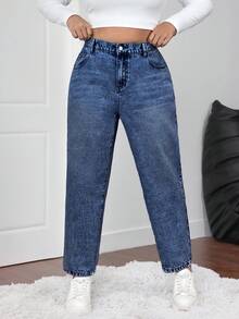 SHEIN ICON Plus Size Casual Washed High Waist Tapered Jeans - Dark Wash - View 1