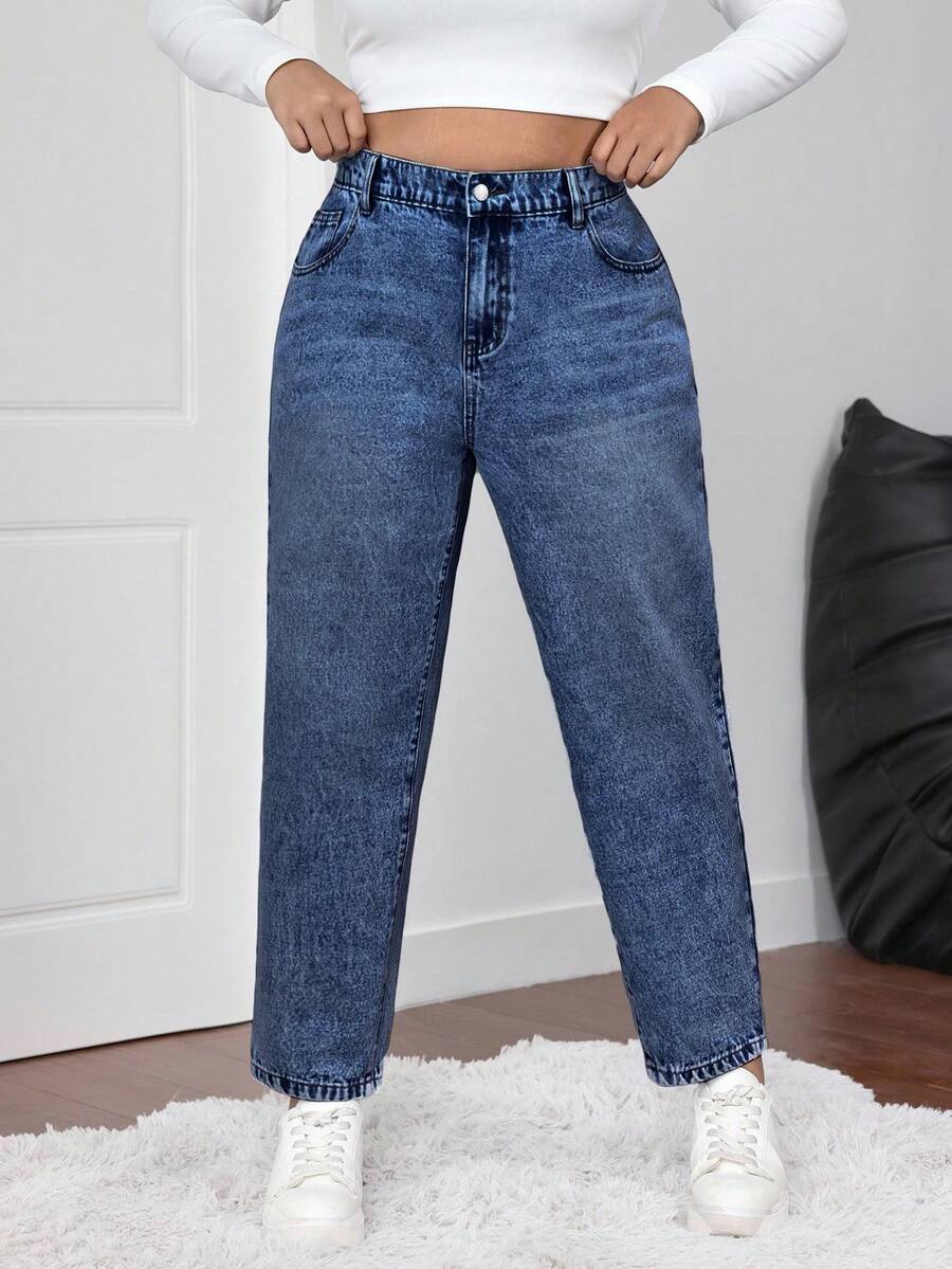 SHEIN ICON Plus Size Casual Washed High Waist Tapered Jeans - Dark Wash - View 1