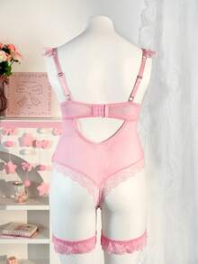 Spicy Aura 3pcs Plus Size Sexy & Sweet Lace Patchwork Mesh Jumpsuit + Leg Garter Set - Pink - View 8