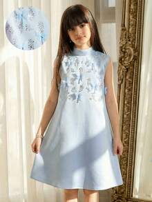 SHEIN Tween-Mädchen Kleid, einfarbig gewebt mit Strass-Verzierung, 3D-Schleife, ärmelloses A-Linien-Kleid, Prinzessinnenkleid, Hochzeitssaison-Kleid, Blumenmädchen-Kleid, blaues Kleid - Babyblau - Übersicht 4