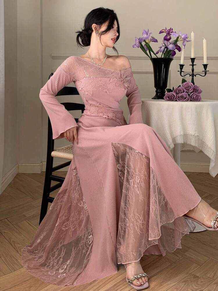 Spring/Summer Lace Patchwork Midi Dress, Elegant For Wedding, Party, Formal Occasions, Commuting, Pink Sundress Off The Shoulder