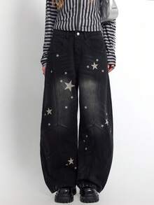 Bloopia Women's Casual Loose Fit Pentagram Print Pocket Pants - Black - View 3