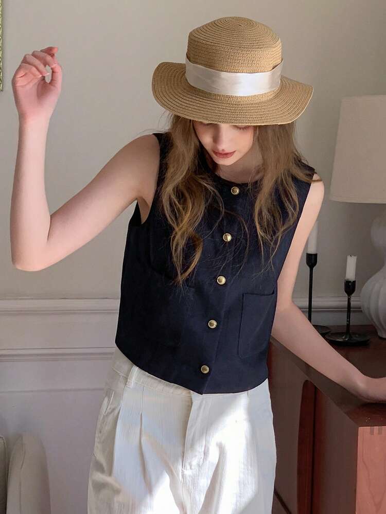 Teen Girl Summer Casual Daily Front Button Dual Pocket Sleeveless Jacket