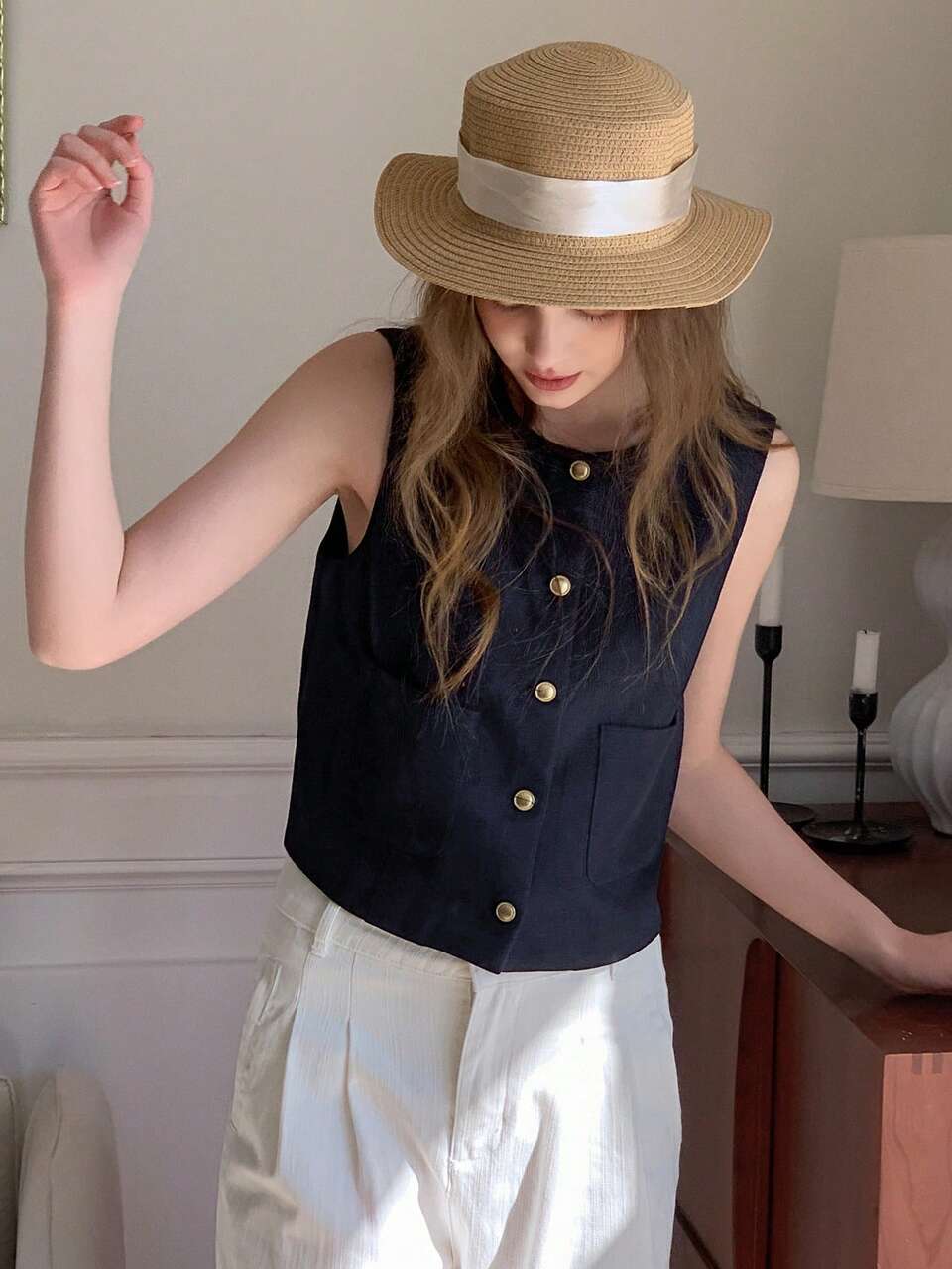 Teen Girl Summer Casual Daily Front Button Dual Pocket Sleeveless Jacket