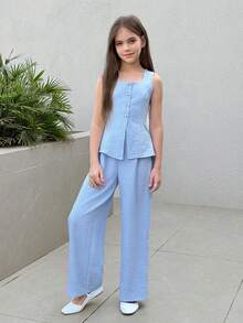 Firerie Kids 2pcs Tween Girls Casual Everyday Commute Light Blue Camisole Top And Leggings Set - Blue - View 4