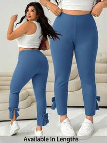 SHEIN PETITE CURVE 大码女式黑色休闲修身裤，饰有蝴蝶结和侧开衩，适合夏季、秋季、可爱场合、海滩度假、西部风情、乡村音乐会、校园、早午餐等。 - 藍色 - 查看 1