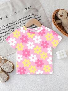 SHEIN Playful Pals 女婴时尚休闲百搭舒适圆领短袖T恤，甜美花卉印花设计，适合派对聚会等场合，轻盈舒适，春夏时尚休闲，适合春夏街头、户外、派对等场合，也是一份贴心的礼物。 - 粉色 - 查看 6