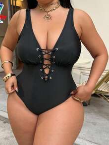 Swim SXY Plus Size Women's One-Piece Drawstring Sexy Backless Swimsuit, Suitable For Vacation And Party - Black - View 6