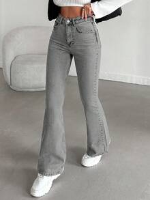 EURMUSE 98%Cotton Washed Casual Flare Jeans With Slanted Pockets - Grey - View 4