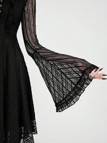 Breakform Đầm ngắn nữ phong cách Gothic thanh lịch, phối ren, màu trơn, chất liệu vải dệt kim, hai lớp, cổ vuông, viền bèo nhún, thắt nơ, tay loe, vạt bất đối xứng. - màu đen - Xem 7