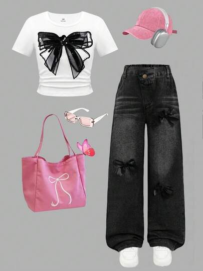 SHEIN 2件套 女童蝴蝶领直筒牛仔裤和短袖T恤