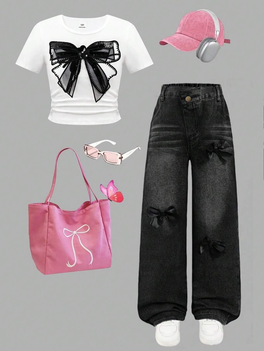 SHEIN 2pcs/Set Girls Butterfly Collar Design Straight Leg Jeans & Short Sleeve T-Shirt - Multicolor - View 1