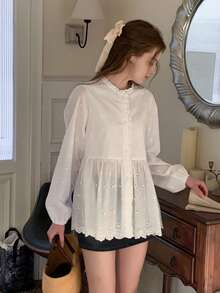 DAZY Teen Girls' Fashion Mesh Embroidered Button Long Sleeve Shirt - White - View 7