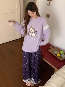 DAZY 2件套毛绒小狗图案宽松长袖T恤和蕾丝拼接蝴蝶结印花长裤睡衣套装，女士秋季款 - 紫色 - 查看 6