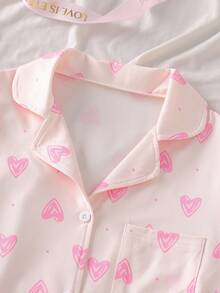 Girls Butterfly Decor Collar Cardigan Short Sleeve Top & Pants 2 Pieces Casual Pajama Set Heart Print Pajamas - Pink - View 6