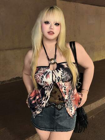 J-Fashion Canotta con stampa leopardata e motivo animale in stile retrò Y2K, con spalline sottili, casual da vacanza in stile boho hippie, per donna taglia grande