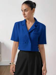 Aveloria Modichic 新款时尚通勤简约优雅精致轻盈奢华质感面料西装外套，翻领设计，交叉露背剪裁，收腰露脐短袖女式夹克 - 藍色 - 查看 5