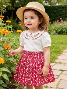 Playful Pals 2pcs Baby Girls Casual Floral Embroidery Puff Sleeve Shirt And Floral Pattern Ruffle Hem Skirt Set, Suitable For Spring/Summer, Vacation, Outing, Party, Daily Wear - Red - View 3