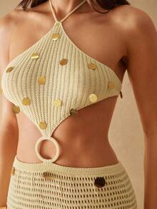 Silquee 不对称设计，小众风格，露背亮片，海滩度假风，长款镂空，显瘦，收腰，性感时尚连衣裙，适合节日、度假等场合。 - 黃色 - 查看 8