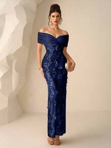 Coutiva 秋冬季优雅方领长袖修身鱼尾裙摆拼接蕾丝刺绣晚礼服、婚纱、派对礼服、圣诞礼服 - 藏蓝色 - 查看 3