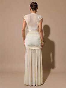 SHEIN BAE 黑色披肩式优雅薄纱褶皱连衣裙，适合浪漫约会、派对、正式聚会、伴娘礼服、女士夏季连衣裙、下午茶会连衣裙、新年、情人节、生日迷你连衣裙、黑色长裙 - 杏色 - 查看 2