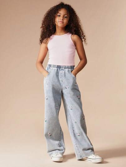 SUMWON Pantalones casuales de estilo palazzo para niñas preadolescentes, de tiro alto, con pierna ancha, lavado claro, cintura elástica, con bordado floral, para primavera y verano