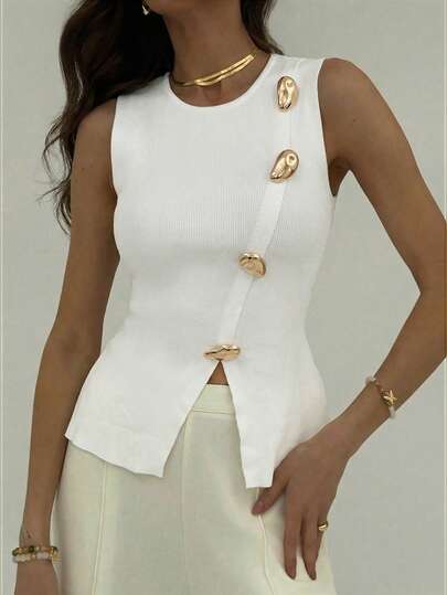Aloruh 女士优雅时尚浪漫金属纽扣修身A字下摆无袖白色毛衣背心，适合办公室/日常穿着，夏季，教师服装，返校季服装，舒适毛衣，婚礼宾客着装