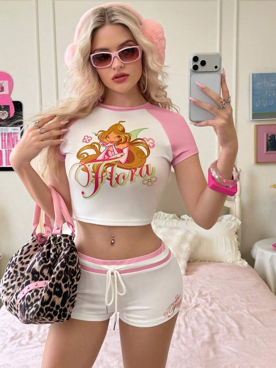 The Winx X SHEIN 两件套女士字母卡通图案撞色圆领短袖上衣和打结短裤套装 - 白色 - 查看 1