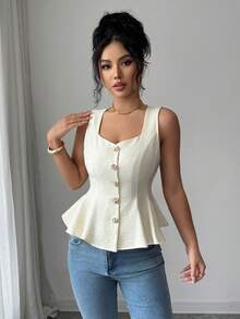 Elenzga 优雅女士杏色收腰方领吊带背心，适合情人节约会、派对、日常穿着、家庭聚会、休闲、海滩等场合，百搭实用。 - 杏色 - 查看 3